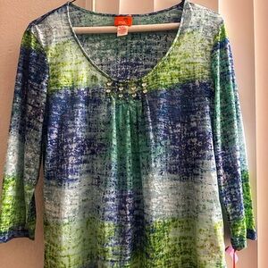 Hearts of Palm Blue and Green Blouse with Stud Accents